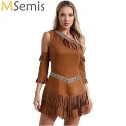 Sexy Women Indians Princess Costume Cosplay Native American Outfits with Tassel Sleeves Halloween Party Role Play Fancy Dress Up