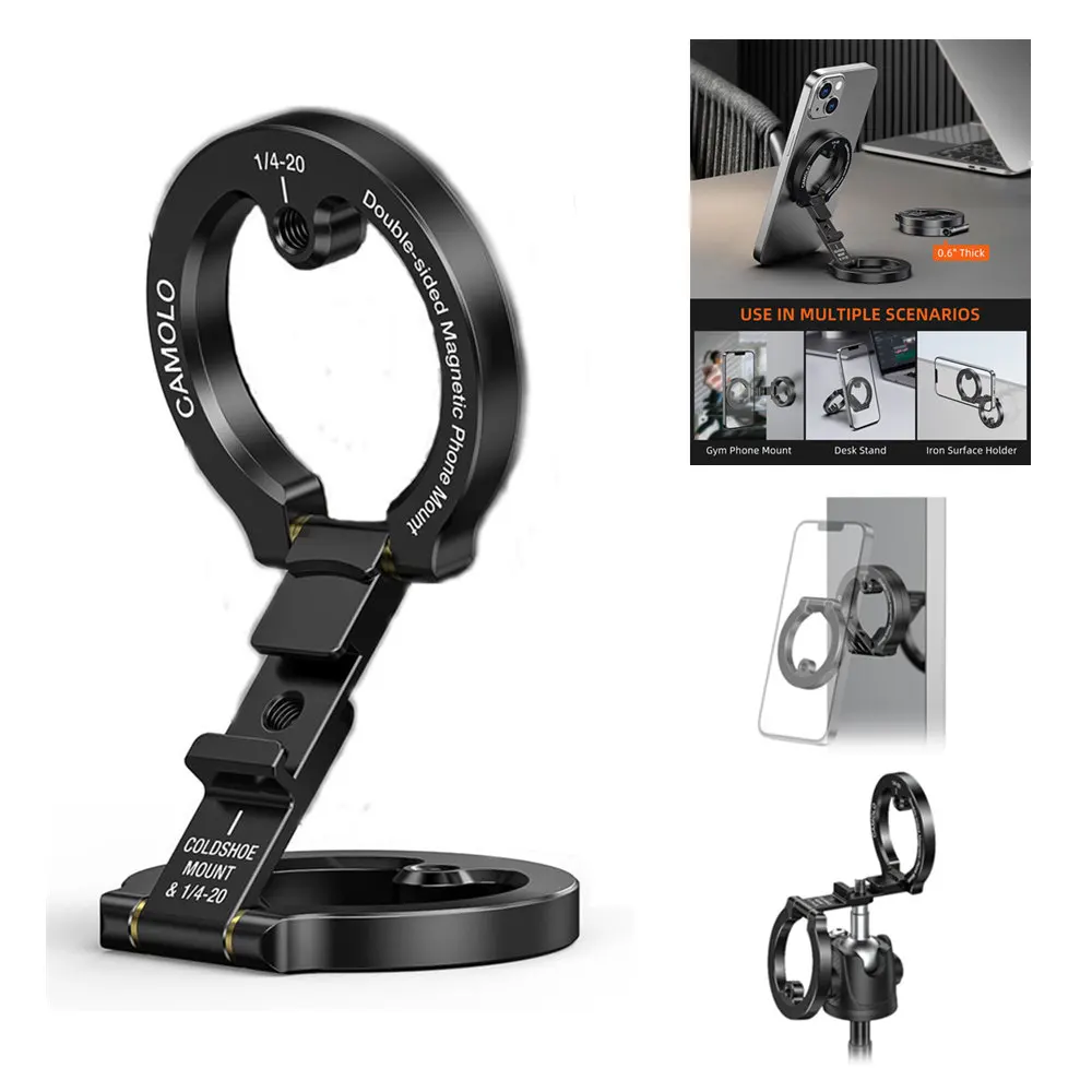 

Dual Magnetic Phone Holder Gym Phone Mount For iPhone 17 16 15 Android Magsafe Travel Stand w 1/4" Screw Tripod Mount Cold Shoe