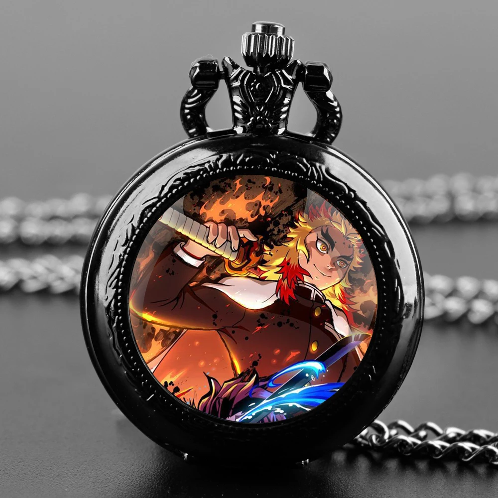 ساعة جيب كوارتز سوداء على شكل قبة زجاجية من Rengoku Kyoujurou مع قرص أرقام عربية وسلسلة متينة هدية ريترو للرجال والنساء