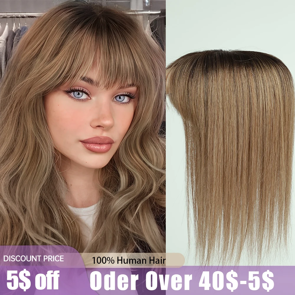 100% Remy Human Hair Toppers Natural Brown Ombre Human Hair with Bangs Hairpieces Clips in Silk Base Toppers for Women 14inches