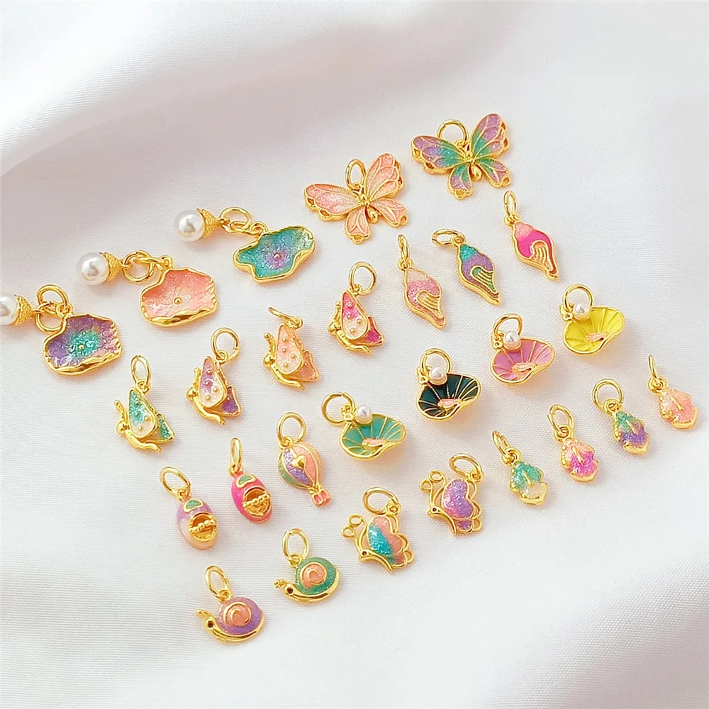 18K Gold-plated Oil-drip Lotus Leaf Butterfly Pendant, Diy Handmade Necklace, Bracelet, Beaded Jewelry Accessory Material