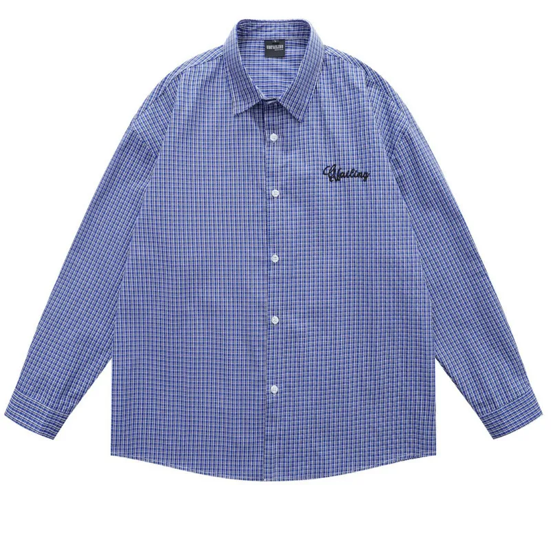 Men's Spring and Autumn New Versatile Casual Simple Shirt American Retro Letter Embroidered Blue Checkered Long Sleeve Shirt