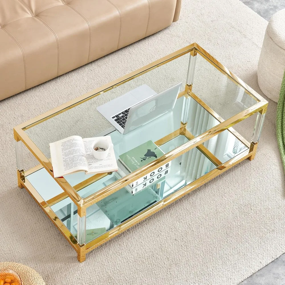

Gold Glass Coffee Table, Modern Acrylic Center Table Living Room Table Luxury Stainless Steel Frame, Rectangle Tempered Glass To