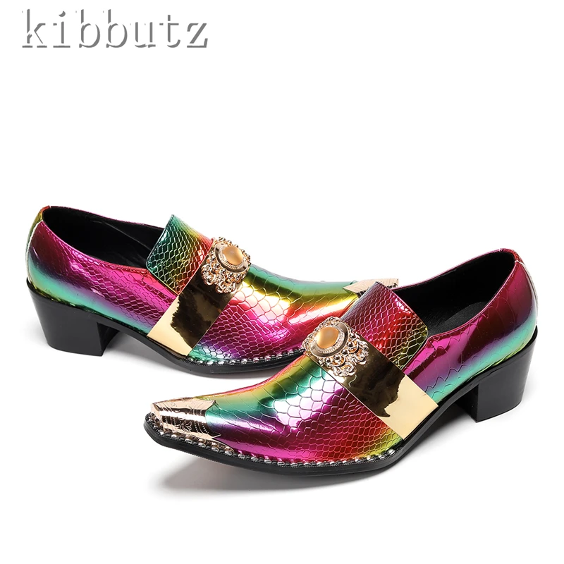 

Colorful Snake Pattern Men Leather Shoes Luxury Design Metal Toe Rivets Gemstone Buckle Slip On Loafers Gentleman Dress Shoes