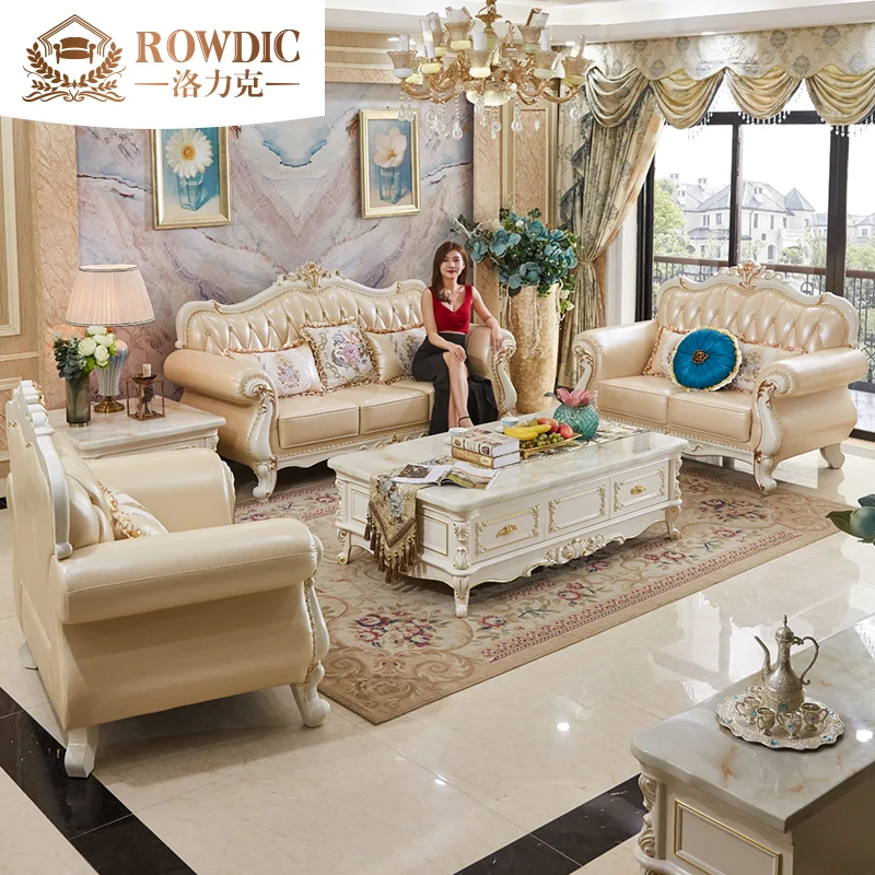 European style leather sofa combination 123 first floor cowhide solid wood carved large and small family furniture