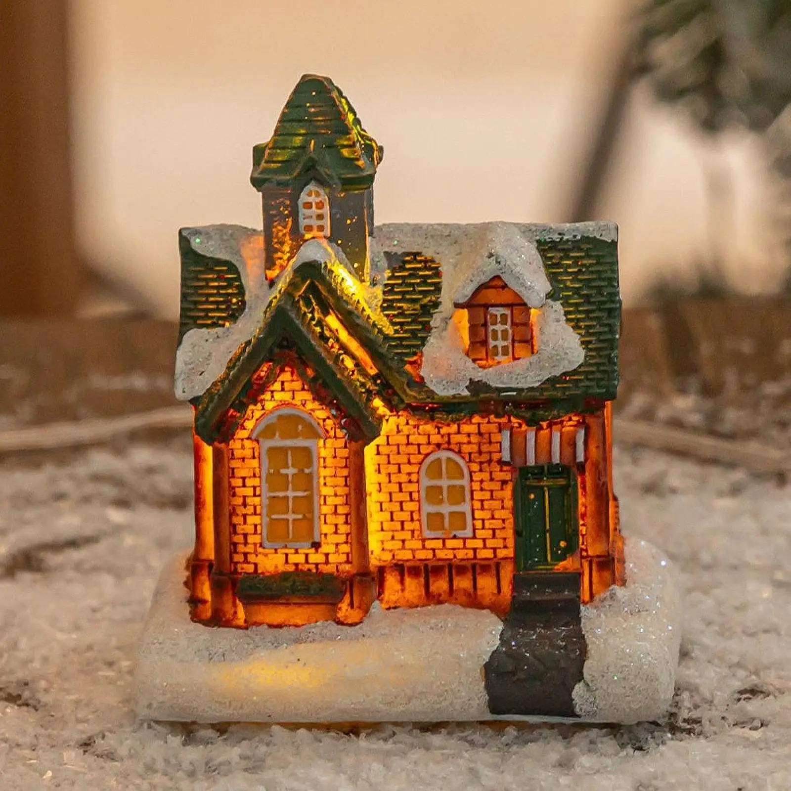 

12Pcs Christmas Snow Houses Ornament Table Decor Festival Xmas Decoration Lighted Village Houses Statue Glowing House Sculpture