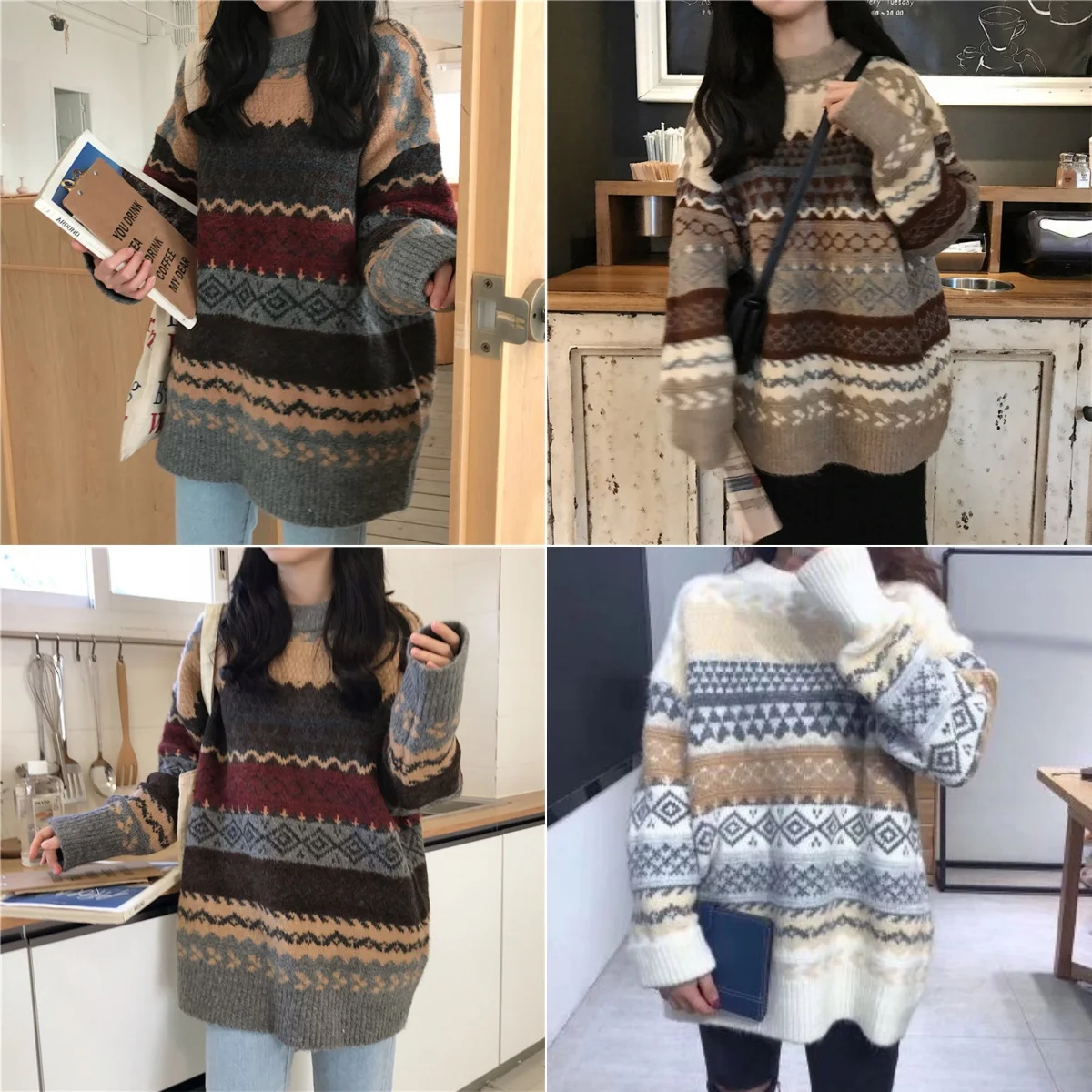 Vintage Sweaters Women Pullover Winter Striped Jumpers Korean Style Loose Pullover Knitwear Casual Loose Sweater Pull Femme