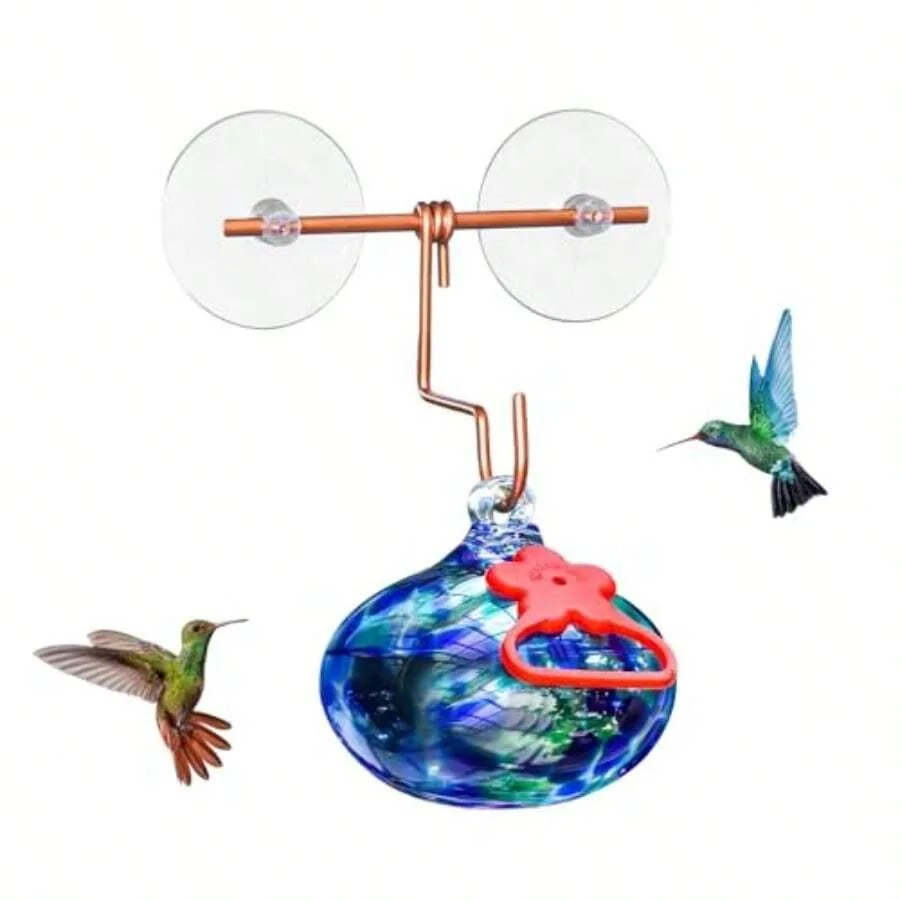 

Window Hummingbird Feeder With Suction CupsHand-Blown Glass Hummingbird Feeders For Outdoors Window Mounted With Metal Hook Clo