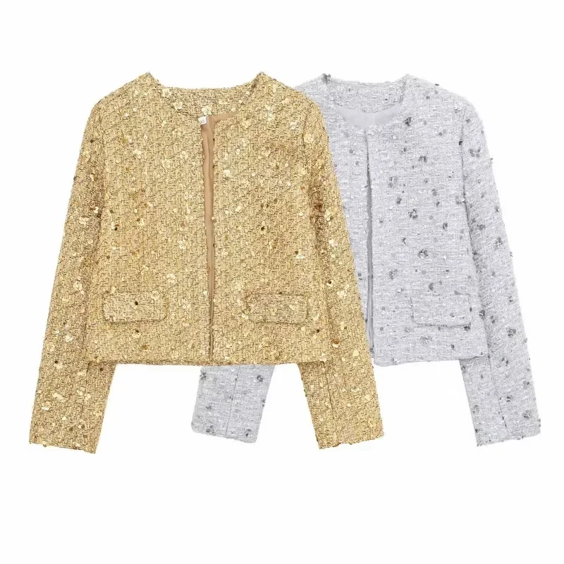 Women Fashion Shiny Sequin Jacket Y2k Gold Color Stand Collar Long Sleeve Short Coat Autumn Winter Ladies High Streetwear