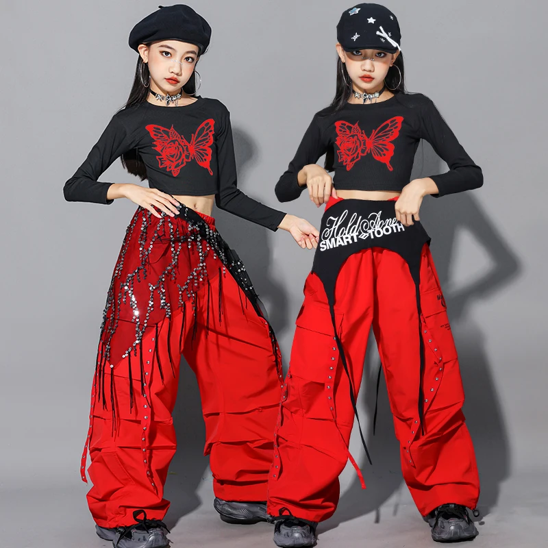 Girl Jazz Group Clothes Sets Hip Hop Sequin Crop Sweatshirt Cargo Pants Child Street Dance Costume Kids K-pop Streetwear Outfits