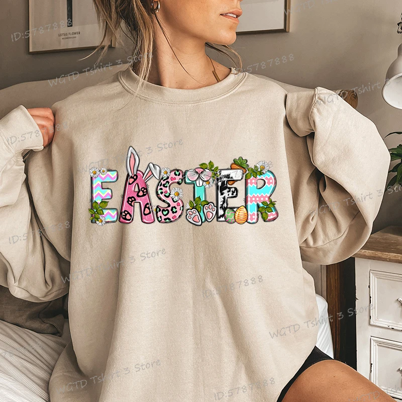 Women's Sweatshirts Cute Easter Cartoon Classic Hoodies Colorful Easter Gift for Women Flower Print Matching Easter Sweatshirt