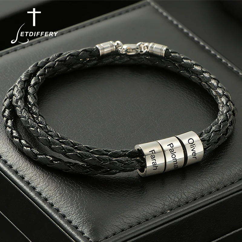 Letdiffery Custom Names Braided Leather Bracelet for Men Women Stainless Steel Bead Charm Engrave Letter Rope Hand Bracelet Gift