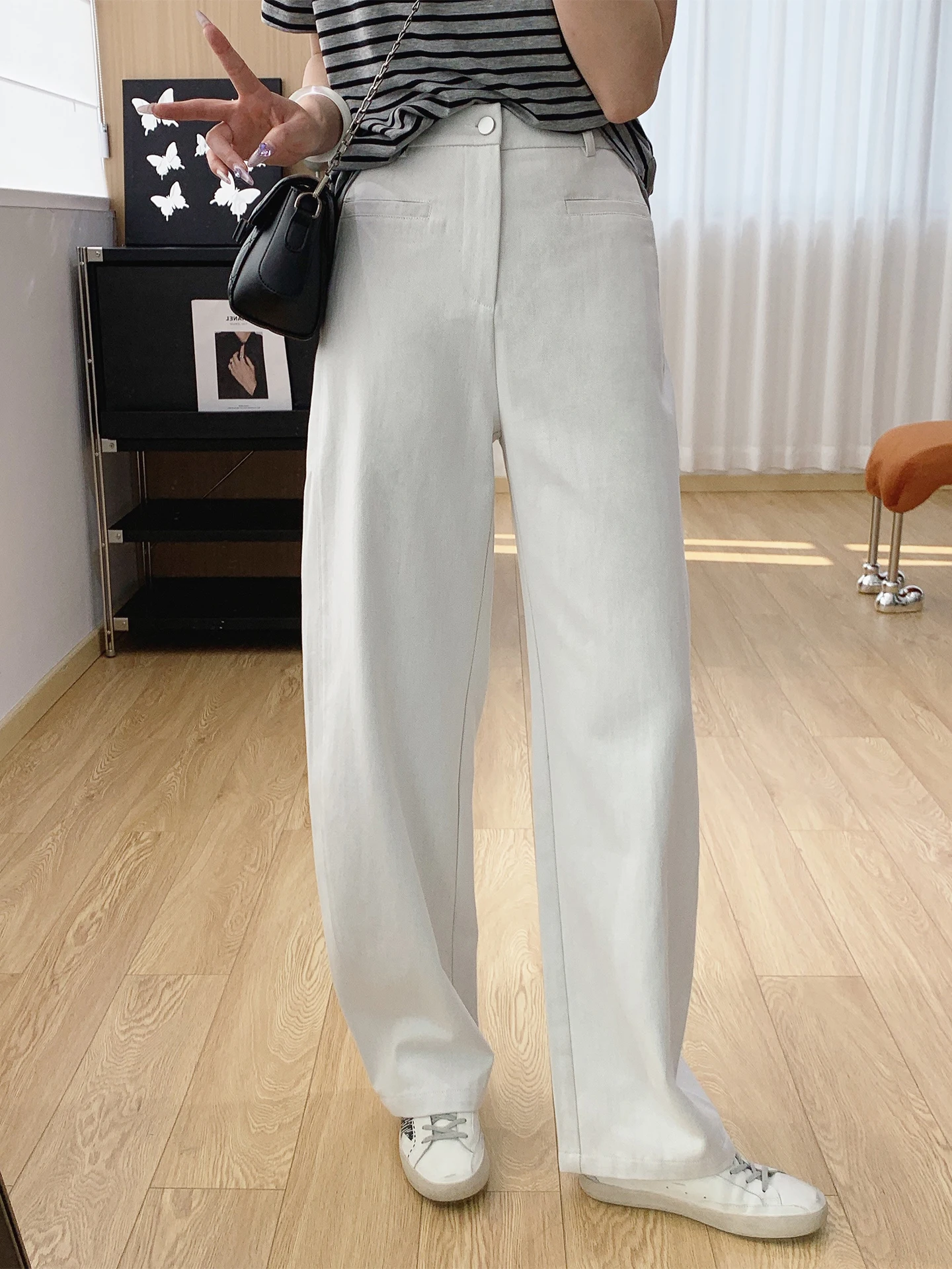 

High Waist Straight Leg Pants Elastic Waist Slimming Knife Pants for Women Spring Season Pear aped Body Loose Fit