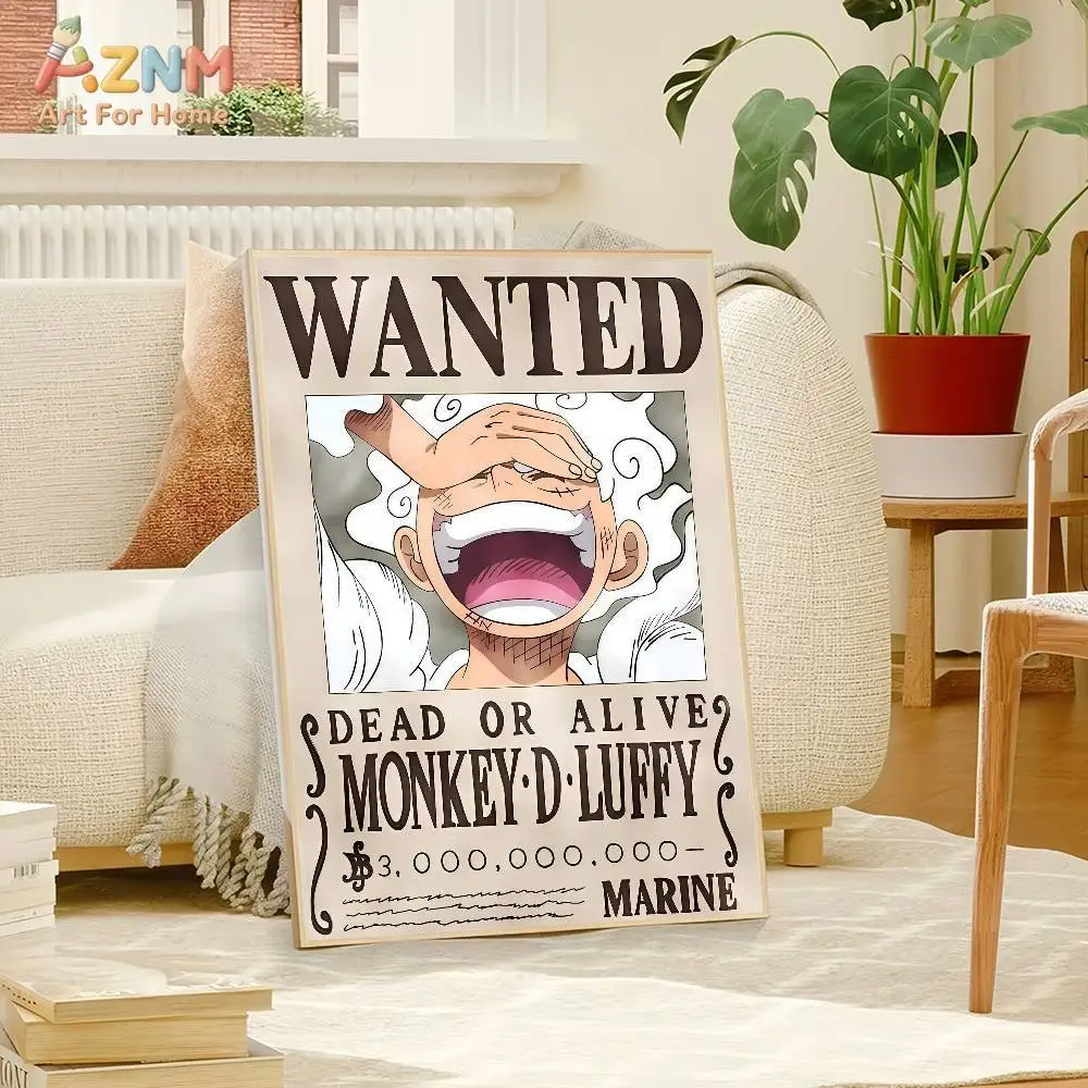 AZNM One Piece Luffy Gear 5 Nika Wanted Poster 3 Billion Bounty Anime Frameless Canvas Wall Art, Modern Home Living Room Bedroom