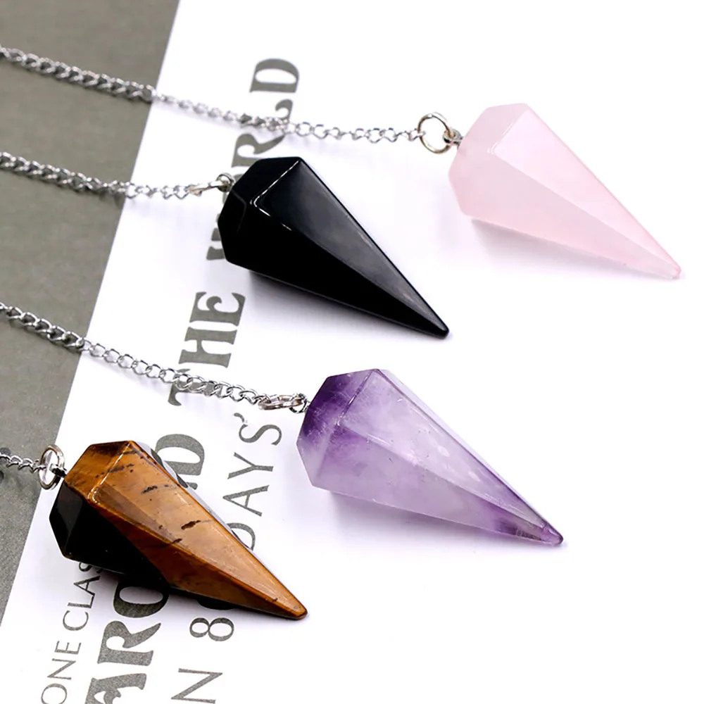 Natural Crystal Pendulum Gemstone Hexagonal Pointed Amethyst Rose Quartz Reiki Chakra for Healing Dowsing Divination Meditation