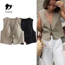 Koekop Woman Fashion V Neck Summer Vest Short Coats Waistcoat 2024 Black Cropped Vest Women Jacket Beading Tied Sleeveless Vest
