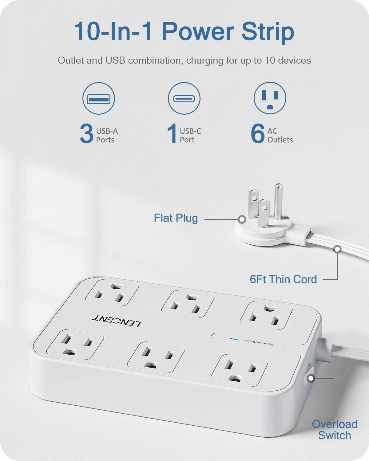 LENCENT 3 Prong Power Strip with 6AC Outlets 3 USB Port 1 Type C 6FT Thin Extension Cord  Surge Protector On/Off Switch for Home