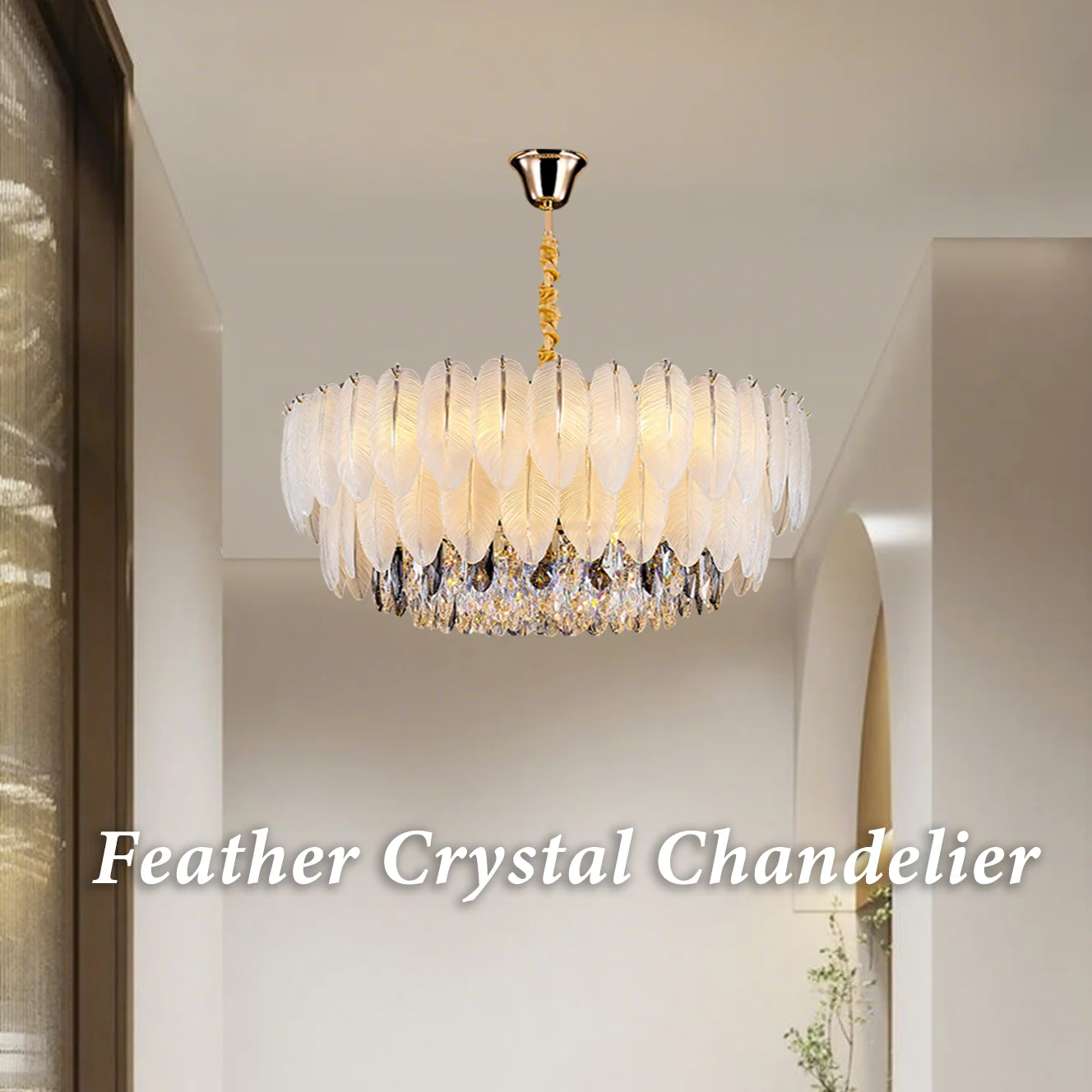 Modern Feather Crystal Chandelier – Gold Finish, Tri-Color Dimmable, E14 Base – Suitable for Bedrooms, Living Rooms, and Dining Rooms (Bulbs Not Included)