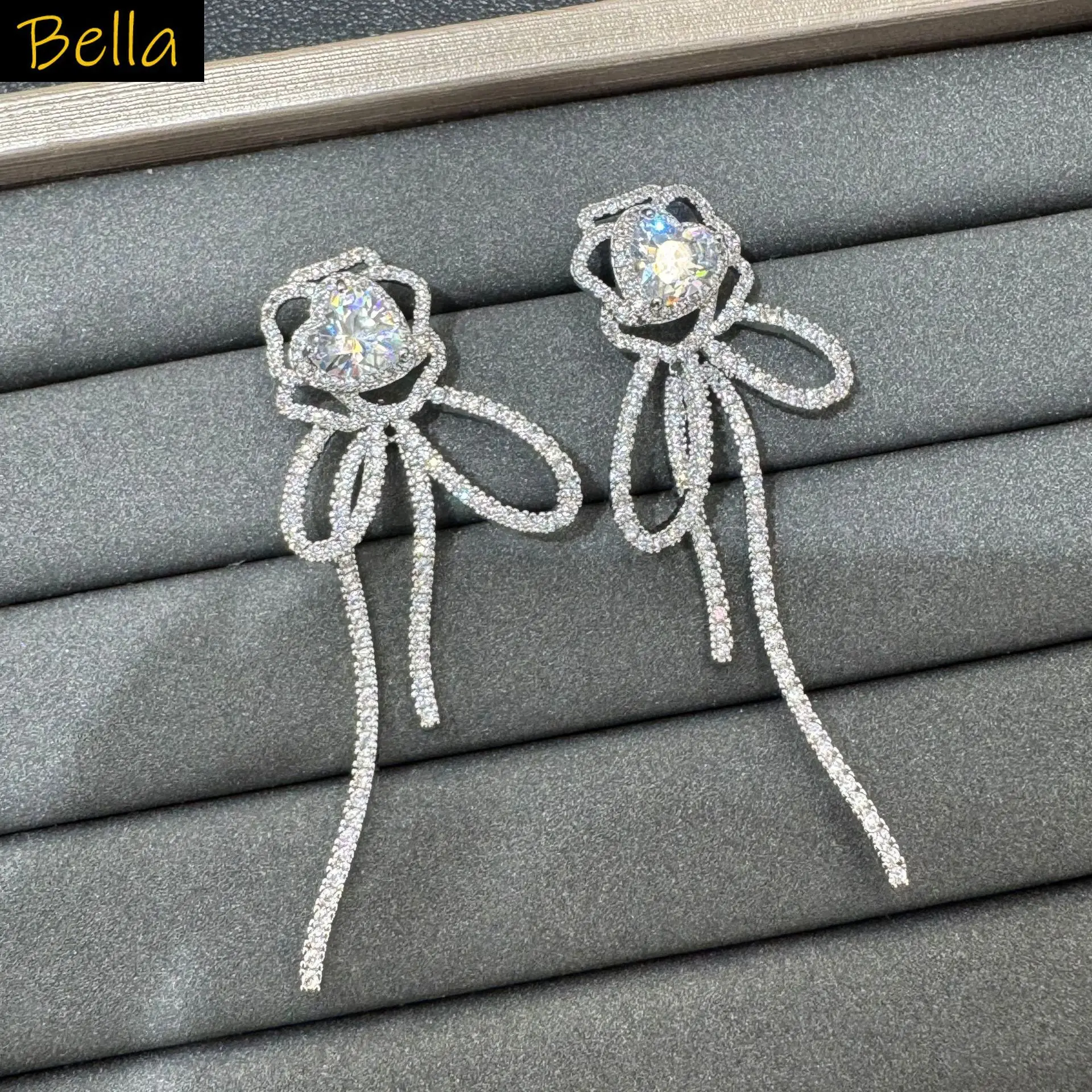 

zirconia cute earrings bowknot flower pendant luxury jewelry dinner party silver color dangling earrings women