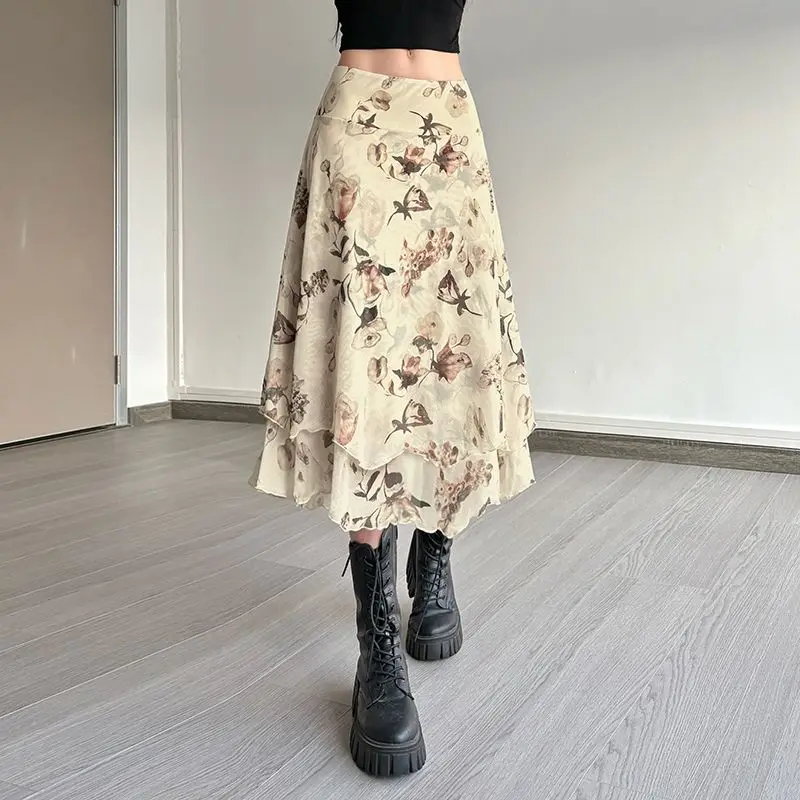 レディースファッション プリントミルクシルクスカート ローウエスト スリミング ホットガール ミッドレングス