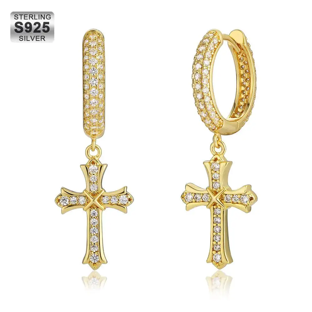 Asymmetric Gold Hoop Earrings for Men with CZ Dangle Cross