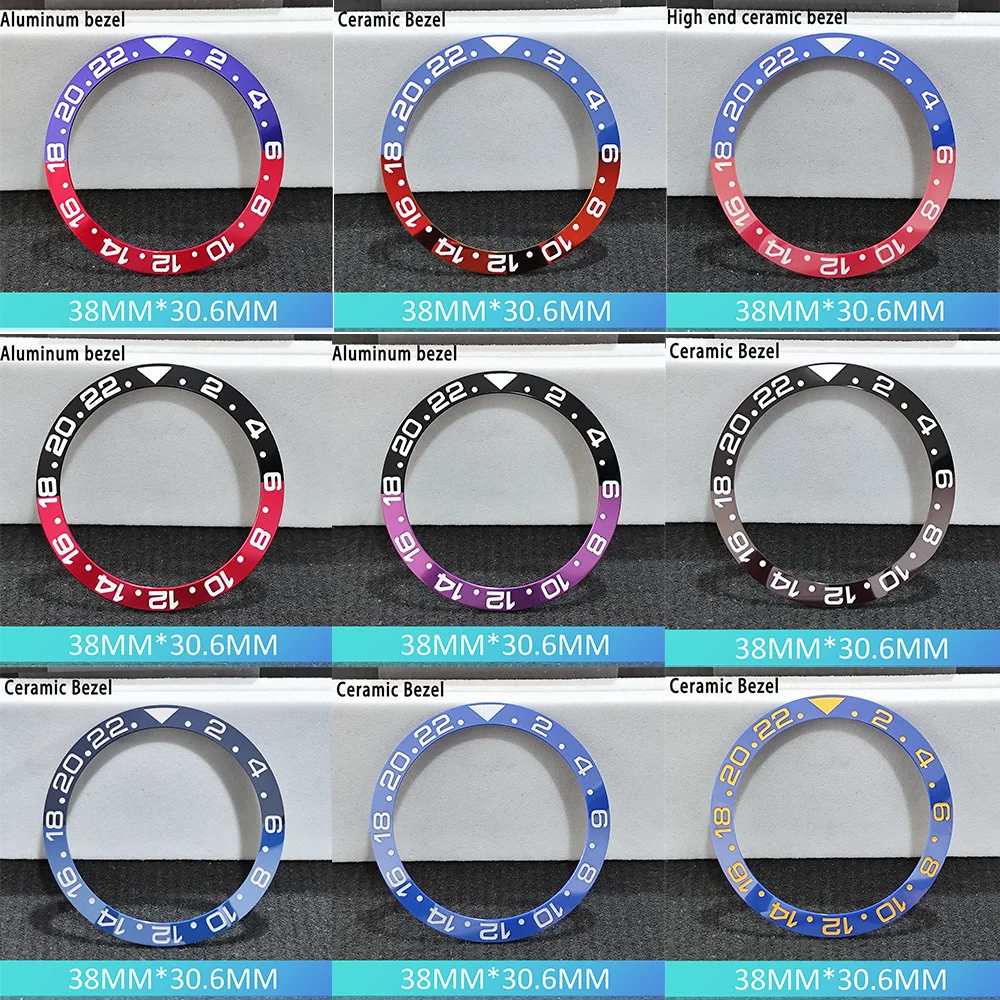 Inclinación de 38mm x 30,6mm, cerámica/aluminio de buceo de alta calidad, 1 Uds., inserto de bisel para NH35 NH34 NH36, bisel de reloj GMT de movimiento automático