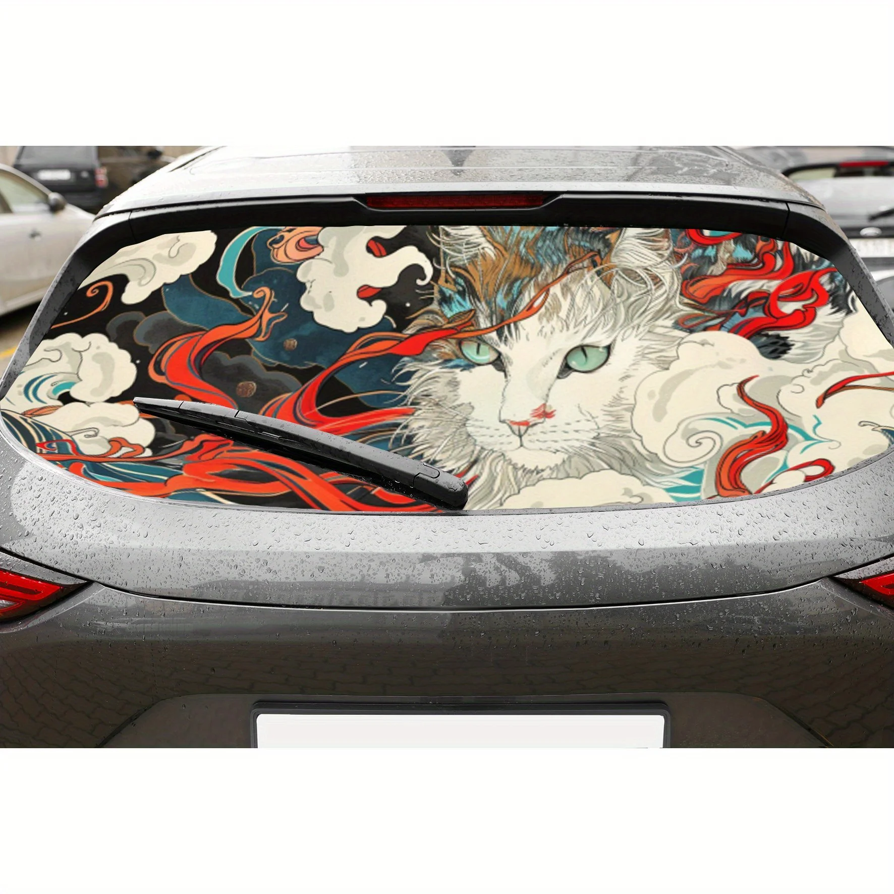 

Japanese Style Cat PVC Perforated Car Vinyl Wraps, Privacy Enhancing Design for Rear Window, Car Rear Windshield Sticker for Mos