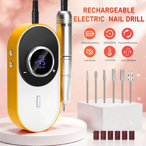 Imagen 2 del producto Taladro de uñas inalámbrico de 45000RPM, lima de uñas eléctrica recargable con velocidad ajustable y pantalla LCD