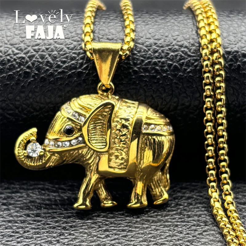 

Lovely FAJA Stainless Steel Rhinestone Lucky Animal Elephant Pendant Necklace for Men Women Hip Hop Collar Chains Couple Jewelry