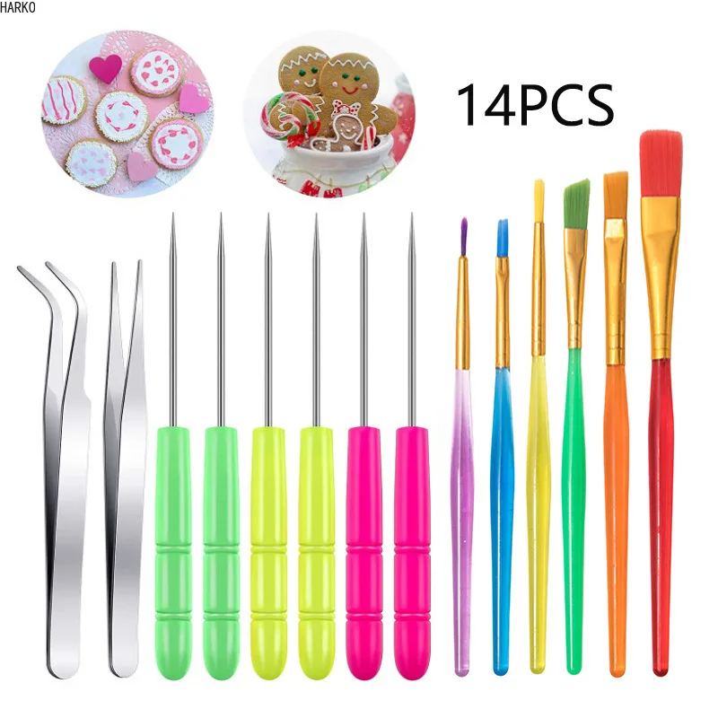 

14Pcs Cake Decorating Tools Cookie Brush Fudge Stirring Punch Tweezers Cake Painting Brush Nail Decoration Tool