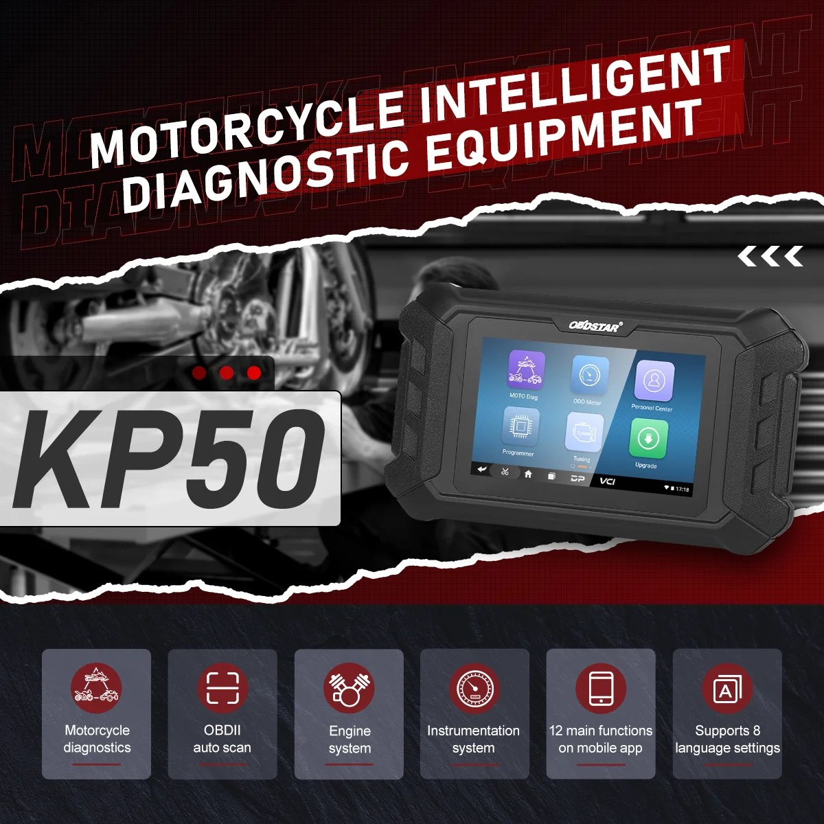 OBDSTAR KP50  Motorcycle Diagnostic Tool OBD2 Clear Fault Codes Scanner Support  For Yamaha/Suzuki/HONDA/Kawasaki/KYMCO/VESPA