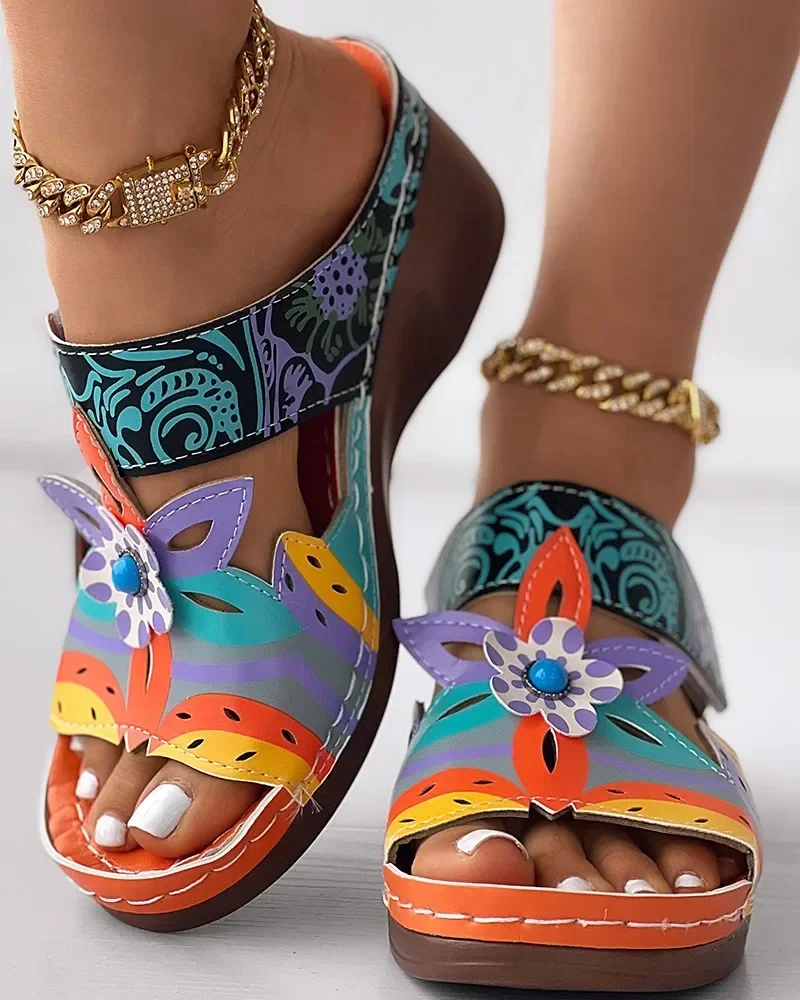 Wedge Slippers Colorblock Tribal Floral Pattern 2024 New Women's Platform Slides Tribal Floral Print Sandals Women Ethnic Shoes