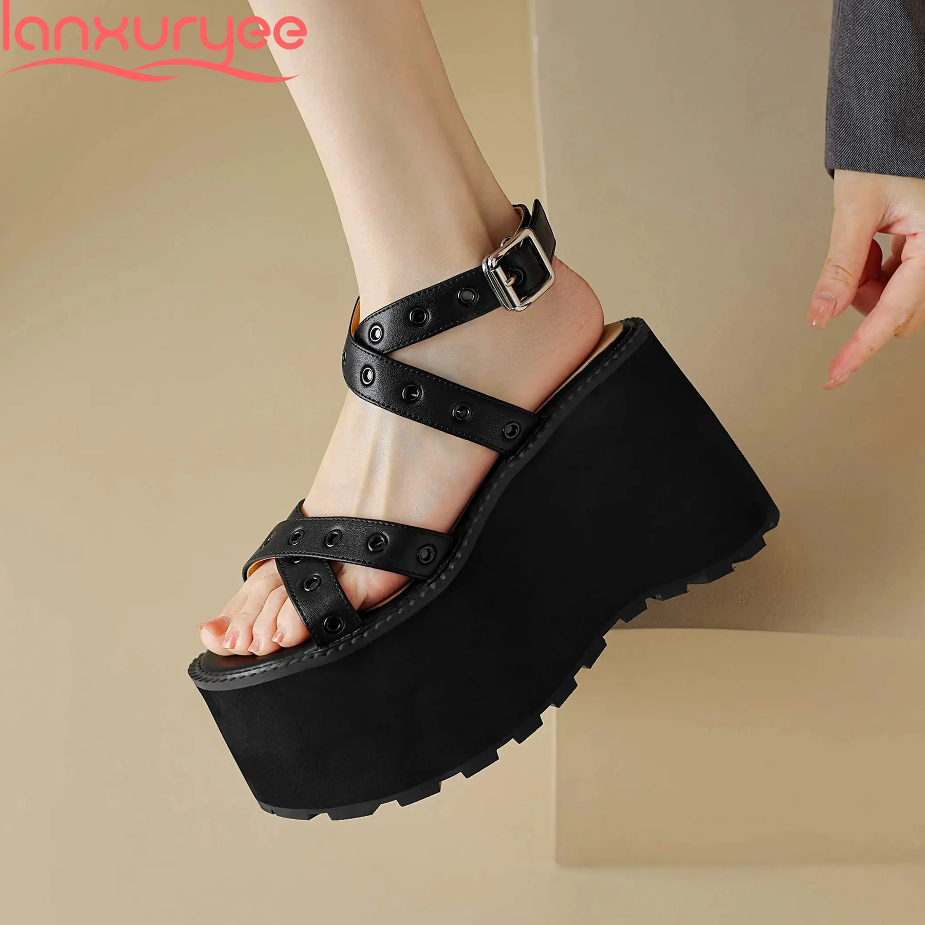 

Lanxuryee Super High Cow Leather Buckle Strap Slingback Summer Shoes Elegant Gladiator Rivets Comfort Ins Platform Women Sandals