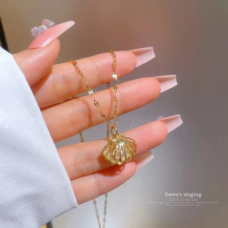Korean Light Luxury Shell Pearl Necklace For Women Stainless Steel Micro Inlaid Zircon Love Heart Moon Choker Wedding Jewelry