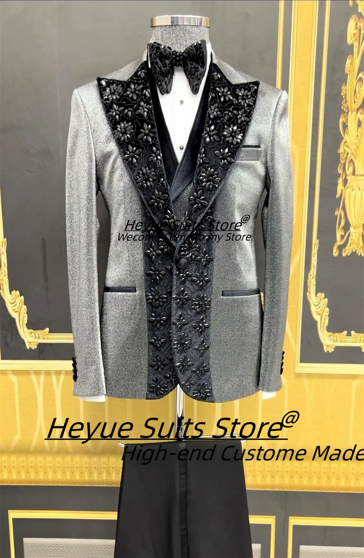 Luxuly Crystal Embroidered Male Prom Blazers Customized Slim Fit Sparkly Groom Wedding Tuxedos 3 Pieces Sets Party Costume Homme