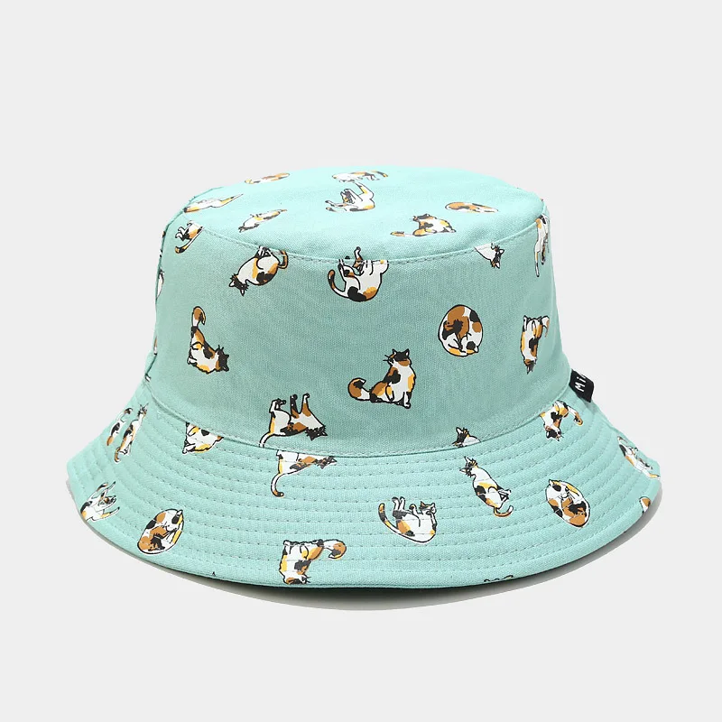 2022 Cotton Cartoon Cat Embroidery Bucket Hat Fisherman Hat Outdoor Travel Sun Cap for Men and Women 124