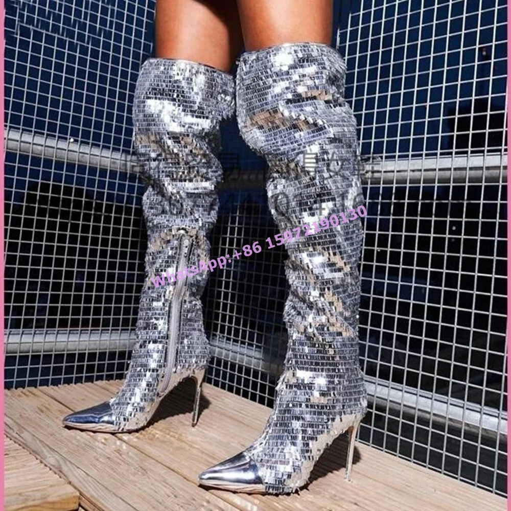 

Bling Silvery Over The Knee Boots Solid Luxury Pointy Toe Thin Heels Side Zipper Shiny Shoes Hotties Runway Elegant Shoes