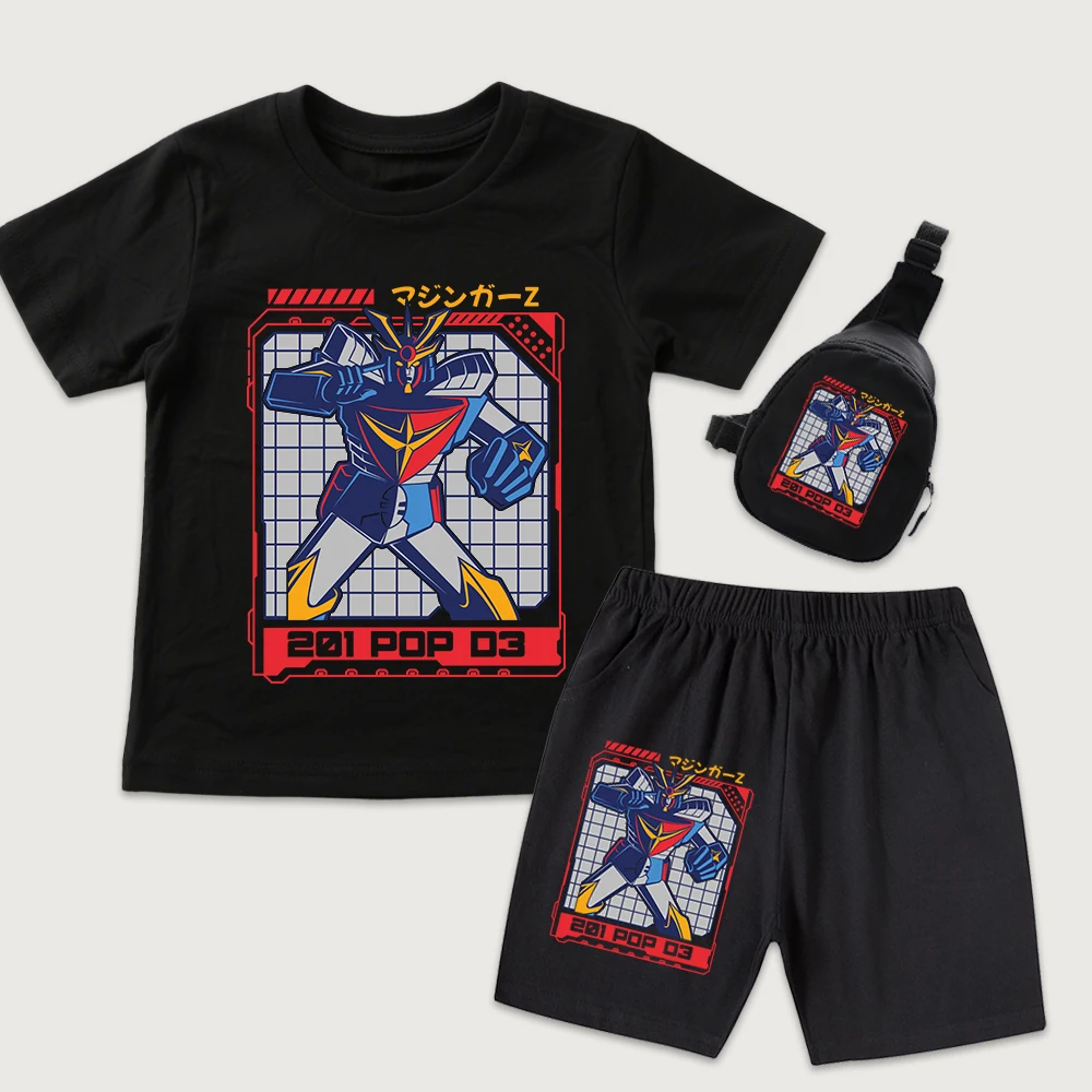 Mazinger Z Anime Print Kids Cotton T Shirt Shorts Mini Chest Bag 3 Piece Set for Boys Girls Summer Casual Clothing