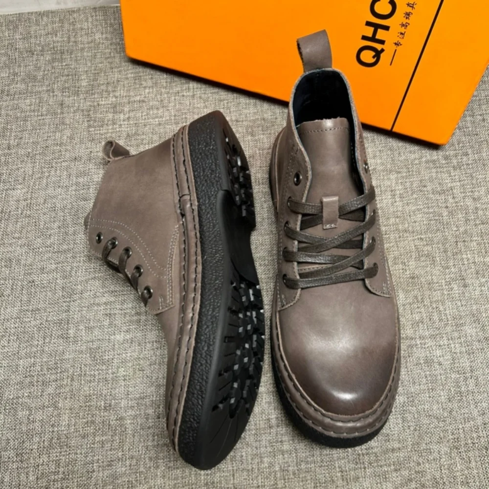QHCCID أحذية رجالية عالية الجودة من الجلد الطبيعي على الطراز القديم، أحذية قطنية دافئة للرجال بنعل داخلي #6