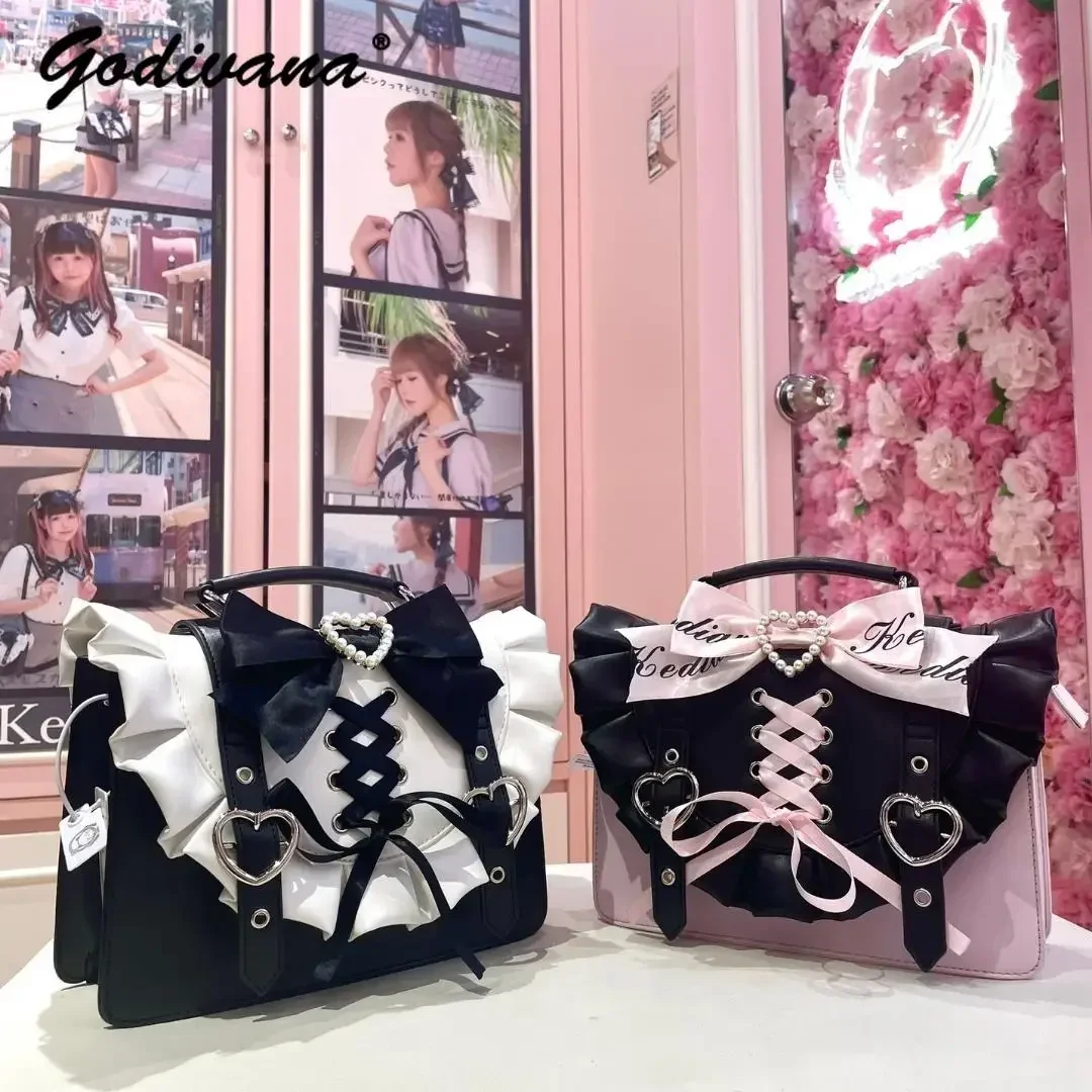 

Japanese Style Bowknow Love Messenger Bag Lolita Female Girls Mine Mass-Produced Bandage Crossbody Bag Sweet Shoulder Bags