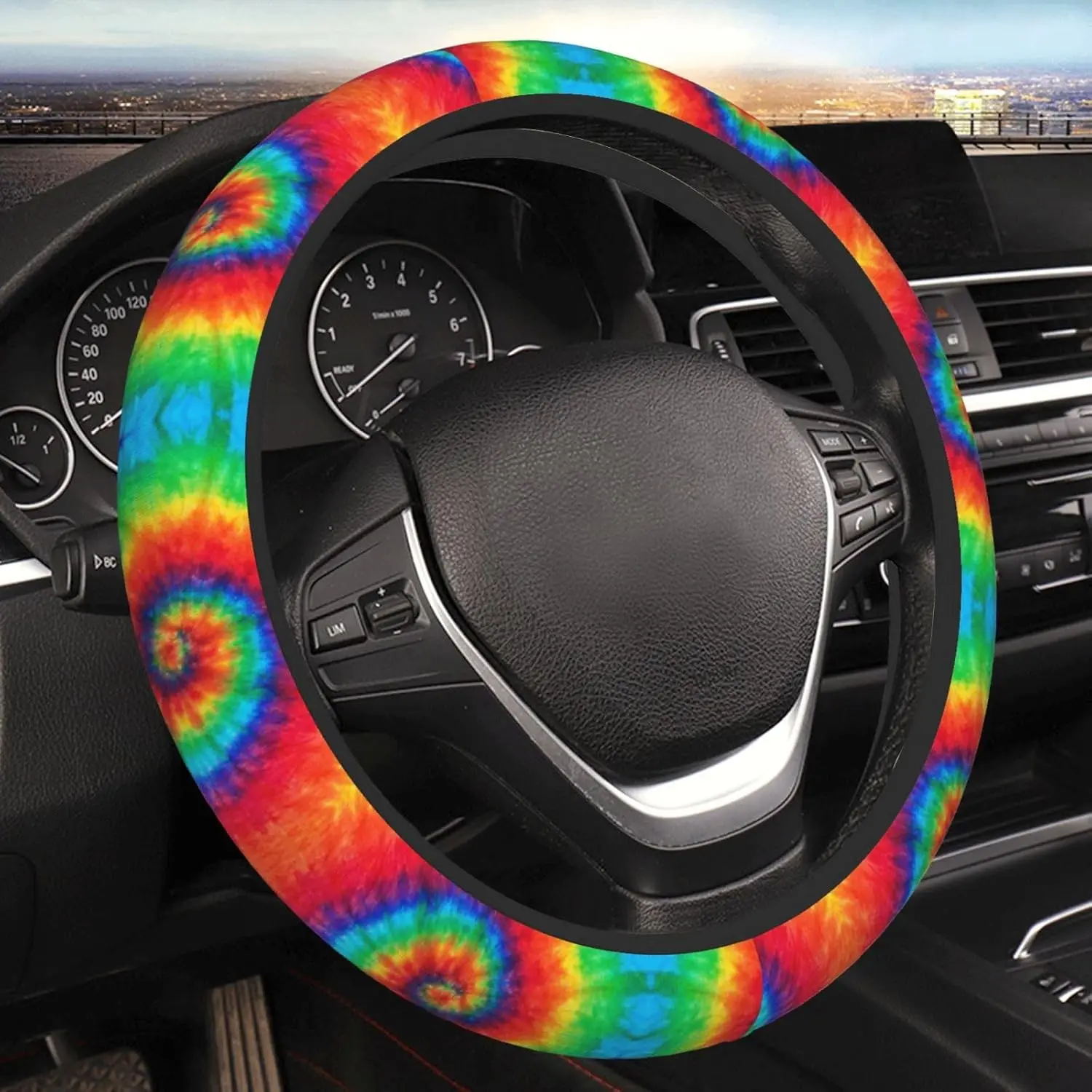 Spiral Rainbow Tie Dye Auto Car Steering Wheel Cover Universal 15 Inch Neoprene Interior Decor Protection Accessories