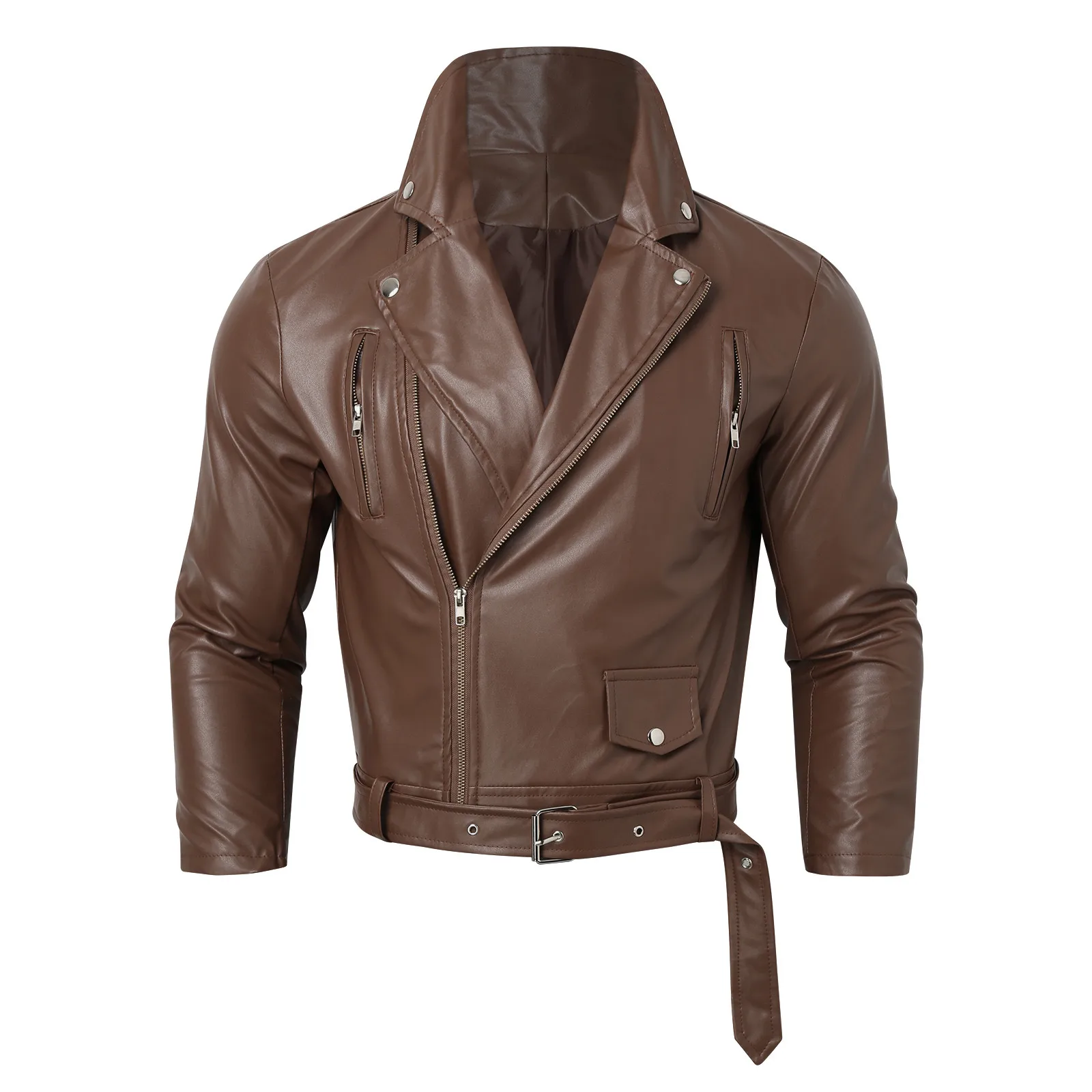 2024 Mens Fashion Leather Jacket Slim Fit Stand Collar PU Jacket Male Anti-wind Motorcycle Lapel Diagonal Zipper Jackets Men