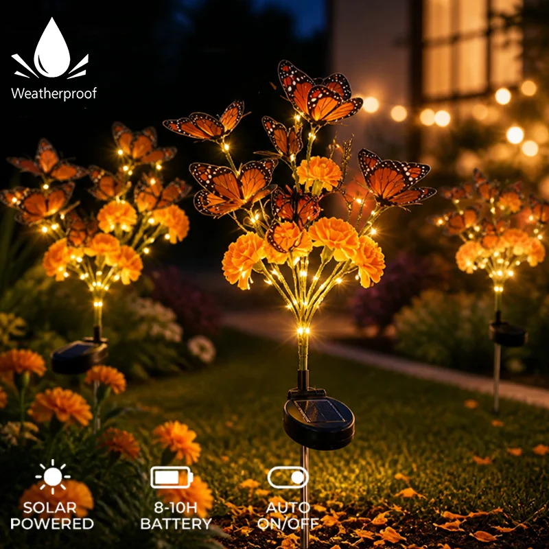 Solar Butterfly Marigold Garden Light Day of The Dead Outdoor Decor Waterproof Lawn Lamp for Yard Lawn Patio Dia De Muertos ﻿