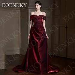 EOENKKY Burgundy Simple A Line Evening Dress Long Customized Satin Pleats Off Shoulder Prom Dresses with Detachable Train Woman