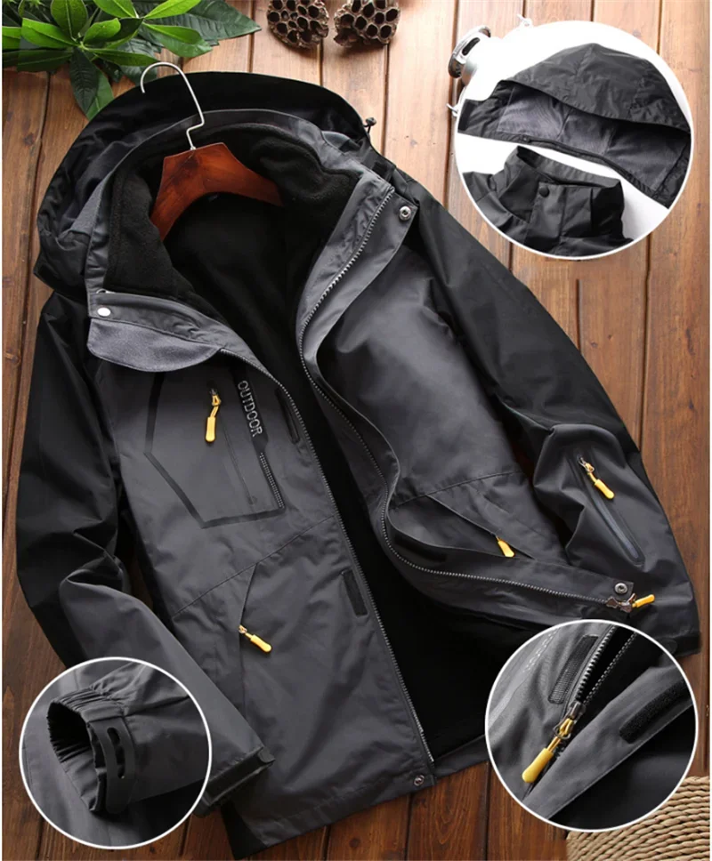 Climbing Hiking Coats Winter 3 in 1 Fleece Lining Warm Jacket Sportwear Camping Coat Windbreak Waterproof Outdoor Jacket Men