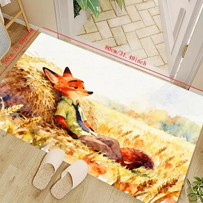 

1PC Cartoon Fox Nick Wilde Zootopia Anime Style Floor Mat, Watercolor Relaxing in Golden Wheat Field Design Non-Slip Decorative
