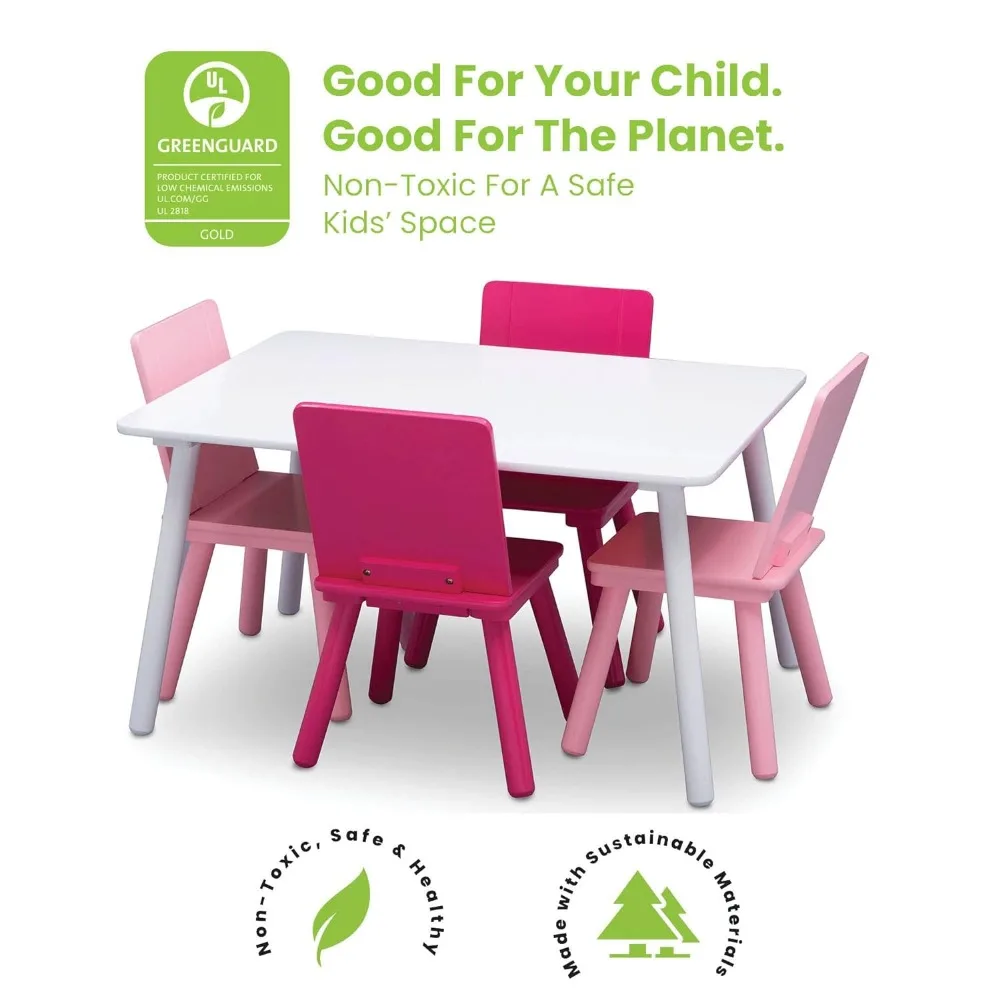 Kids Table and Chair Set (4 Chairs Included), White/Pink