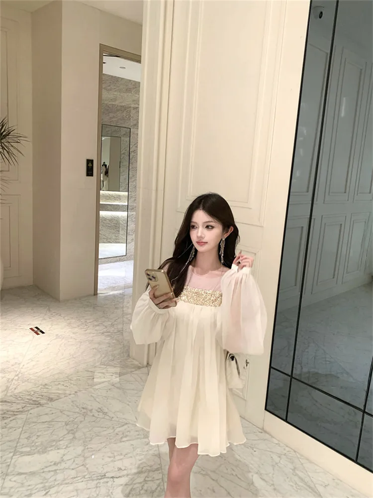 Sheer Mesh Pailletten Patchwork Beige Chiffon Super Mini Kleid Frühling Sommer Frauen Lange Laterne Hülse Kurze Lose Party Kleid