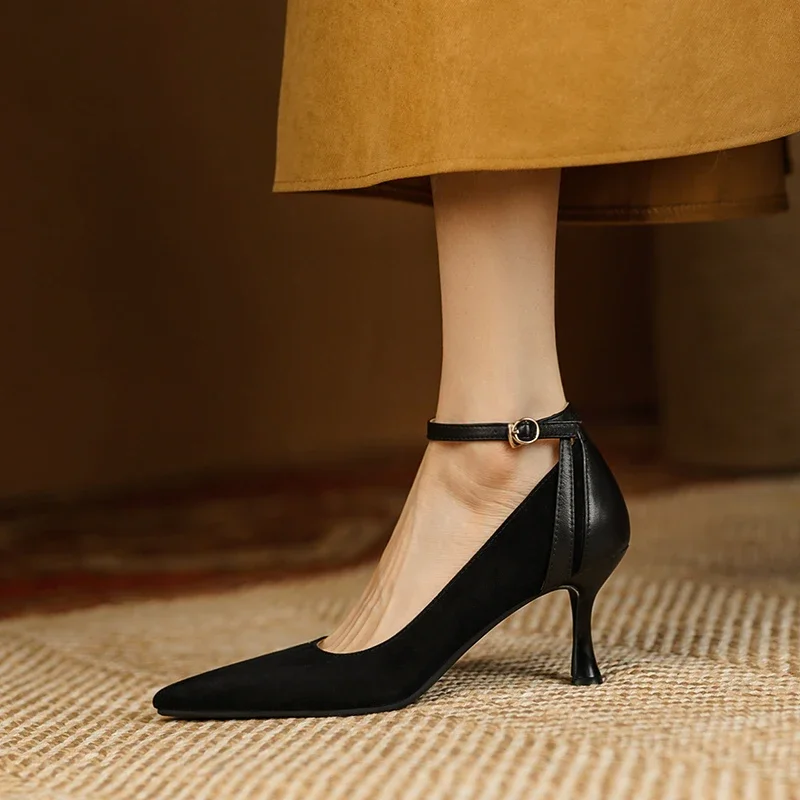 2022 Spring Sheep Suede Women Shoes High Heel Shallow Pumps Pointed Toe Shoes Woman Buckle Heels for Women Zapatos Para Mujer