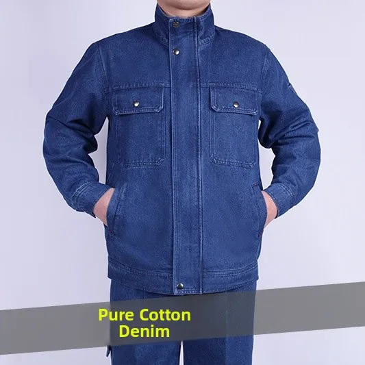 Set da Lavoro in Denim con Colletto Rialzato in Puro Cotone per Uomo, Tuta Resistente all'Usura e Anti-Scottatura per Riparatori